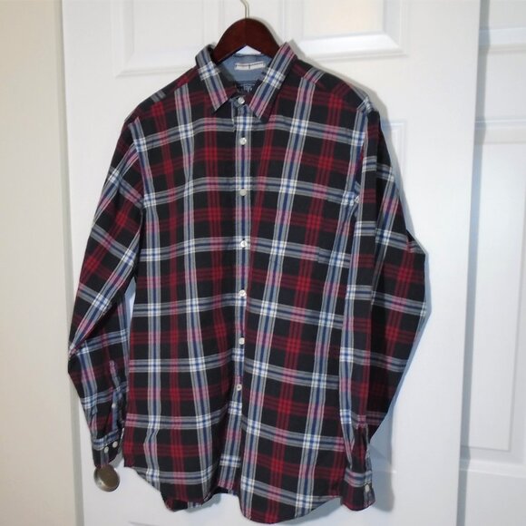 Retro Vintage Nautica Red Plaid Button Down Flannel Shirt Collared - Picture 1 of 9